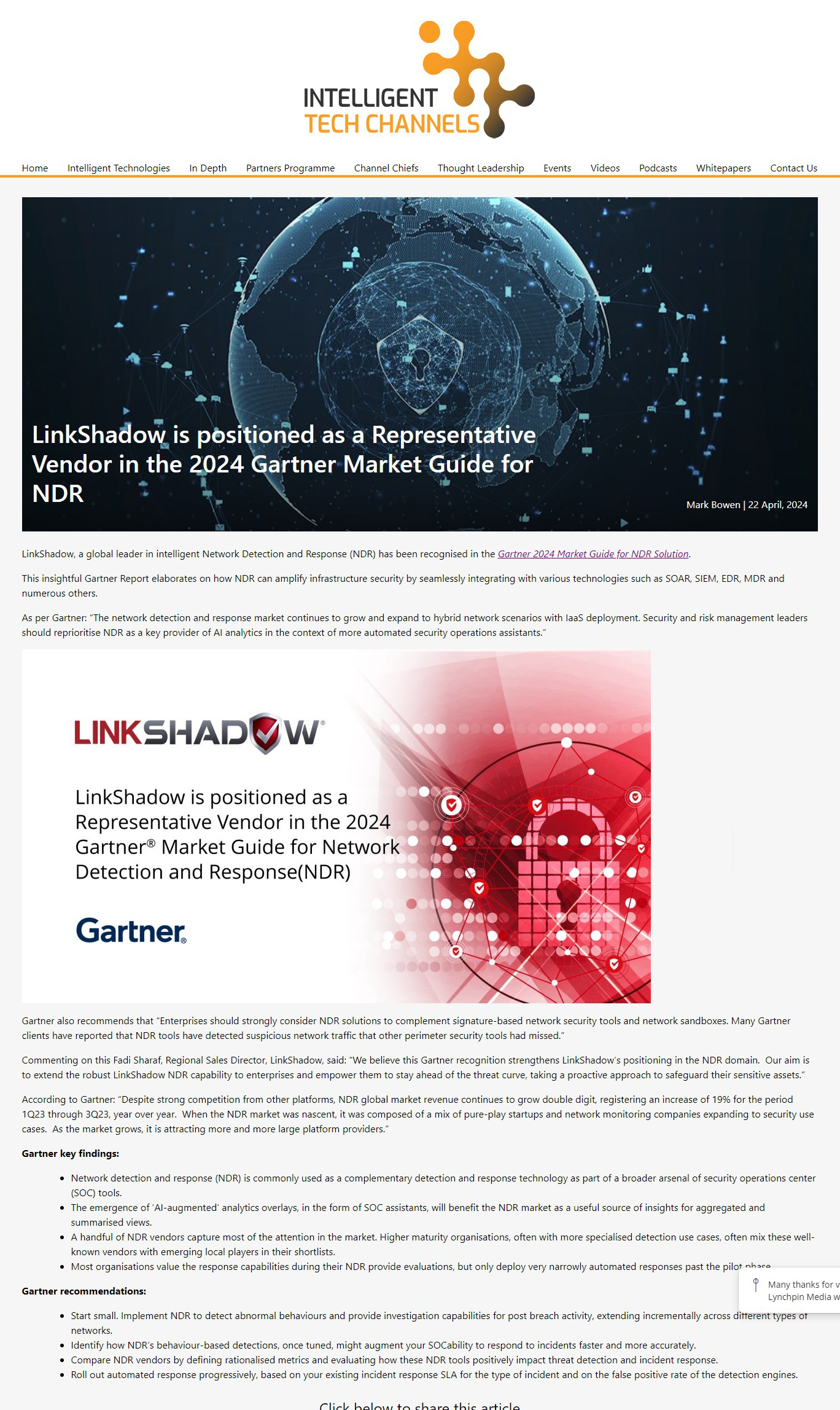 LinkShadow is positioned as a Representative Vendor in the 2024 Gartner® Market Guide for Network Detection and Response(NDR)